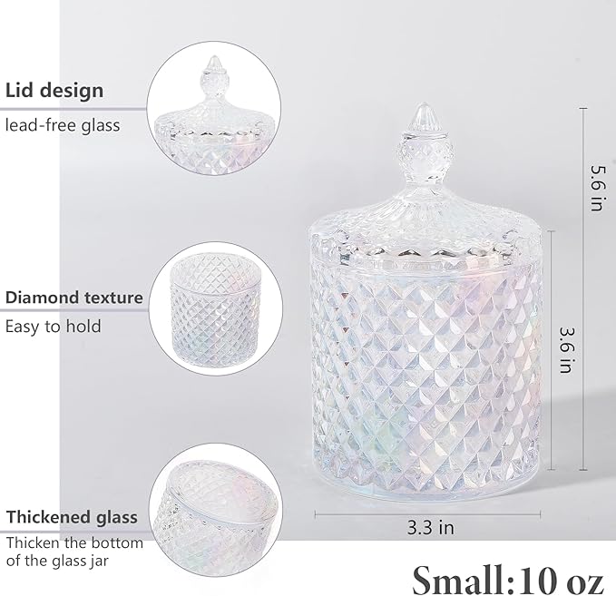 2 Pack Qtip Holder Thick Glass Apothecary Jars with Lid for Bathroom Decor Storage Organizer for Cotton Swabs, Balls, Pads, Floss Picks, Candy, Jewelry, Iridescent Clear