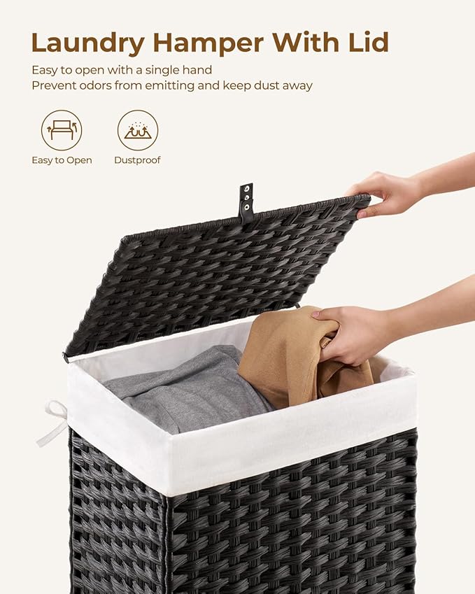 Greenstell Laundry Hamper with Lid, 90L Clothes Hamper with 2 Removable Liner Bags & 2 Mesh Laundry Bags, Handwoven Synthetic Rattan Laundry Basket for Clothes, Toys in Bathroom, Bedroom Black