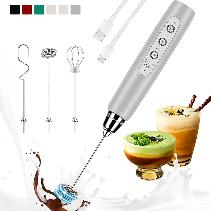 Colarlemo Milk Frother Handheld Rechargeable, Frother Wand Drink Mixer Electric Whisk for Coffee, Detachable With 3 Stainless Whisks, Hand Mixer for Lattes, Cappuccino, Matcha, Egg, No Stand, Beige