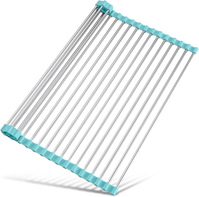 Tomorotec 17.7" x 12.5" Roll Up Dish Drying Rack Over Sink Drying Rack Sink Cover Kitchen Sink Accessories Gadget Multipurpose Organizer Foldable Stainless Steel Drainer