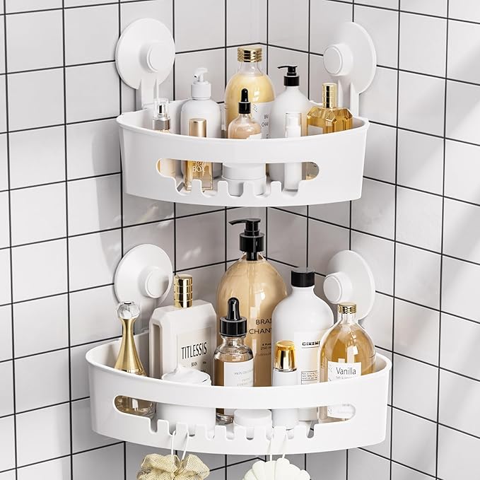 Budget & Good Corner Shower Caddy, 2 Pack Suction Cup Adhesive Shelves, NO-drilling Heavy Duty Storage Racks, Max Hold 44lbs, Waterproof for Bathroom & Kitchen