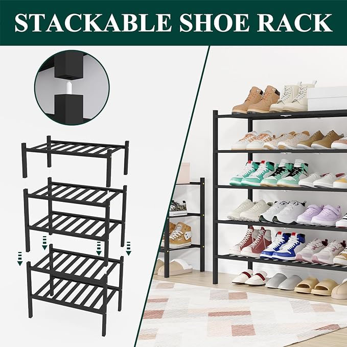 Smiry Shoe Rack, 4 Tier Long Bamboo Shoe Organizer, Stackable Free Standing Wooden Shoe Storage Shelf for Closet, Entryway, Front Door Entrance, Black
