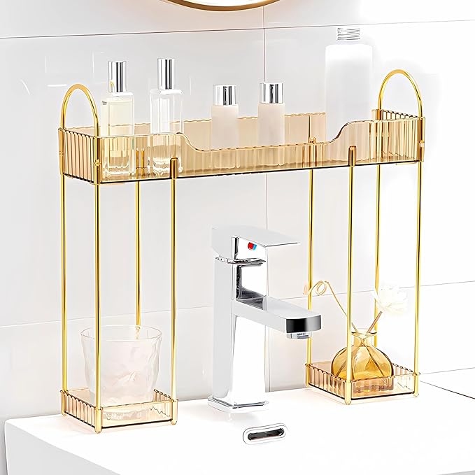 YCIA&DONE Bathroom Countertop Organizer Over The Faucet, Narrow Counter Organizers Above Sink, Table Mounted Faucet Sink Shelf for Kitchen, Toilet, Laundry(Amber Gold)