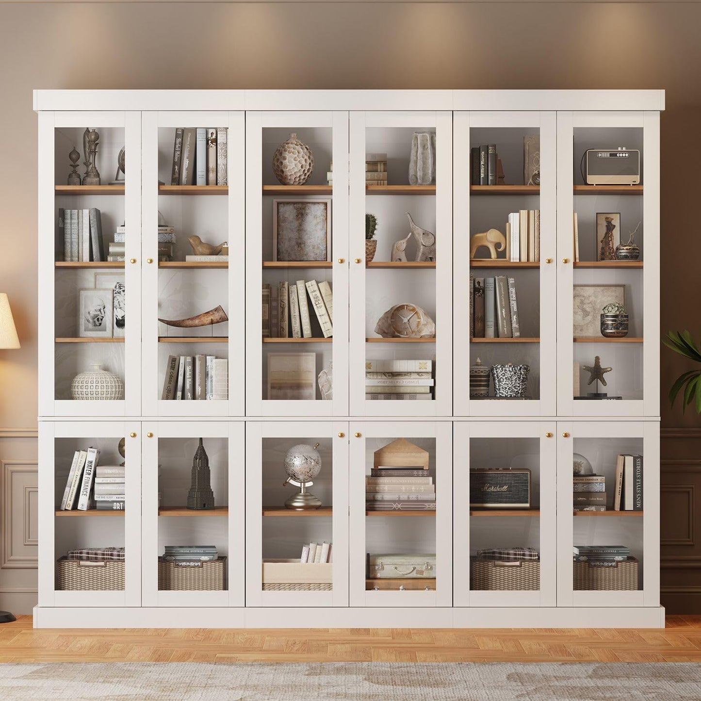 ivaniti 70.8" Tall Bookshelf with Doors, Farmhouse Modular Bookcase with 4-Tier Adjustable Shelves, Large Storage Cabinet for Home Office, Living Room, Brown, Set of 2