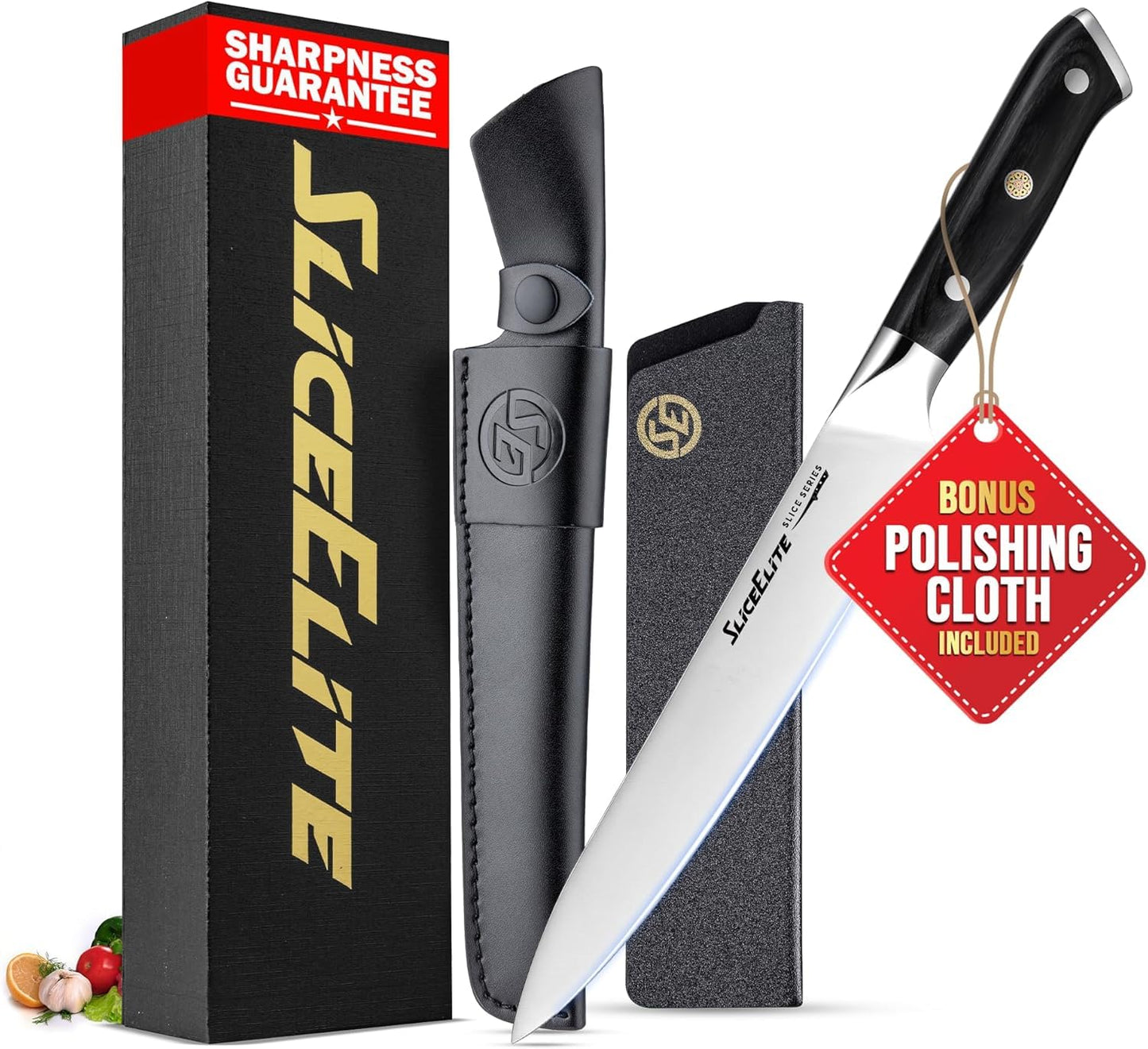 SliceElite Slice Series 8 Inch Carving Knife, Pakkawood, Leather Sheath