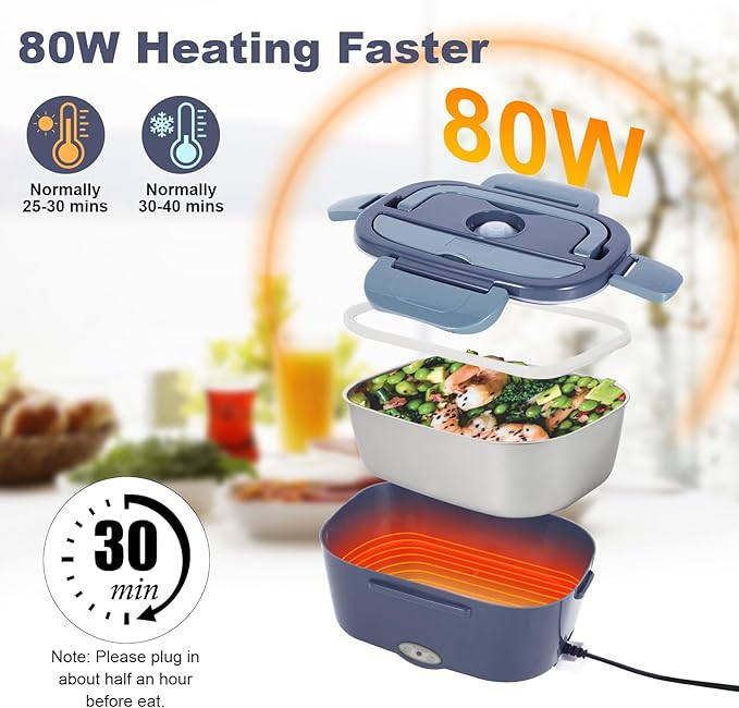 Electric Lunch Box, 12V/24V/110V Portable Food Warmer with SS Fork & Spoon for Car/Truck/Office, 80W Self Heating Lunch Box with 1.5L Container & 0.45L PP Fruit Box Light Bluish Purple