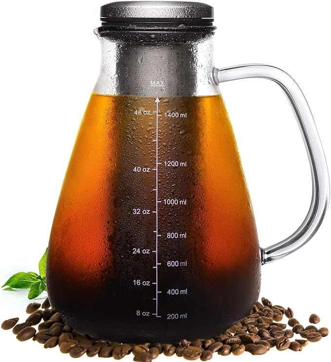YMMIND Cold Brew Iced Coffee Maker 34oz, Brewed Coffee Pot with Removable Double Mesh 304 Stainless Steel Filter, BPA-Free Cold Brew Pitcher Glass Container, Tea Maker
