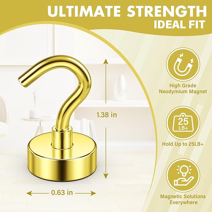 Magnetic Hooks, Heavy Duty Magnets with Hook, 25lbs Magnetic Hooks for Hanging Mugs, Magnetic Cruise Hooks for Cabins, Lock Accessories, Home, Classroom (Gold, Pack of 8)
