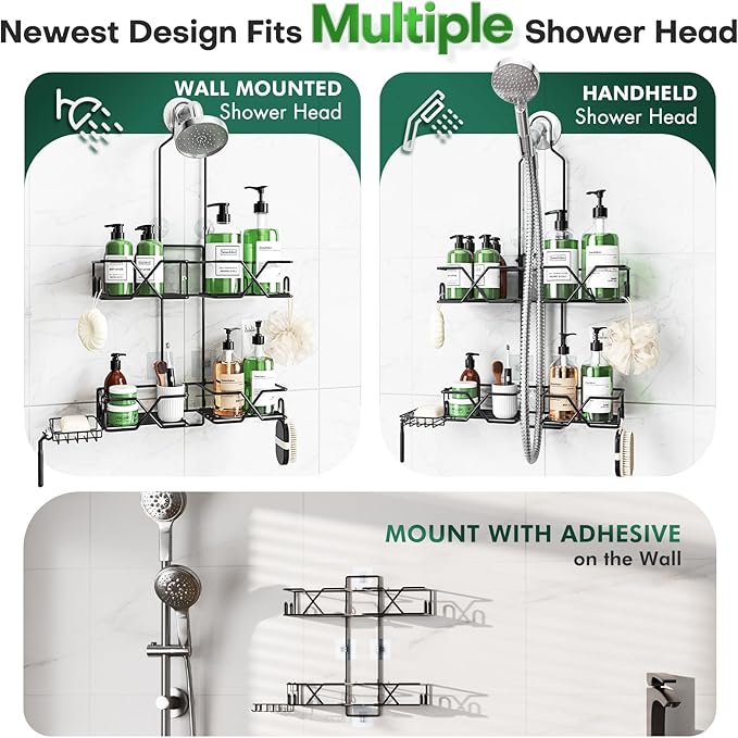 Stainless Steel Hanging Shower Caddy for Handheld Shower Heads,Adjustable Height Extra Long Bathroom Shower Organizer Hanger Rack with Hooks,Soap Holder