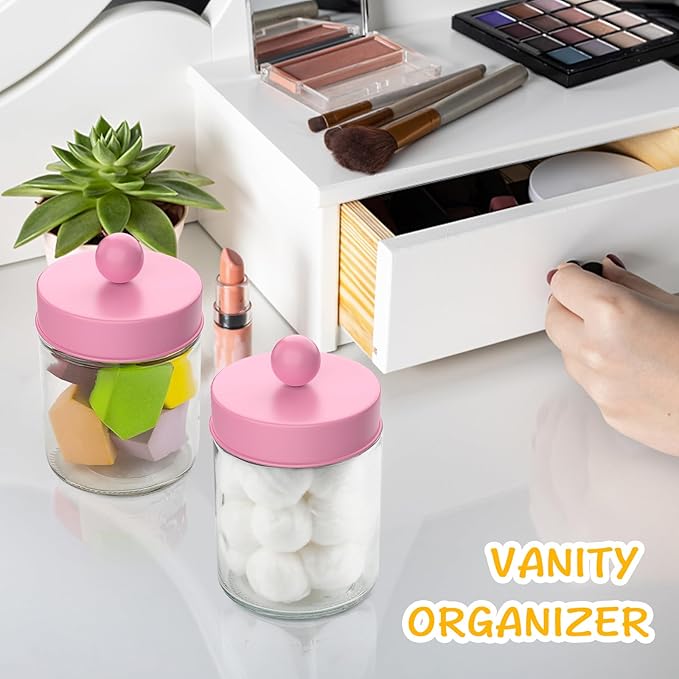 2 Pack Glass Apothecary Jars with Lids for Bathroom, Cute Qtip Holder, Pink Bathroom Accessories Set, Small Bathroom Canisters with Lids for Q-Tips, Cotton Swabs, Pink Bathhouses Decor