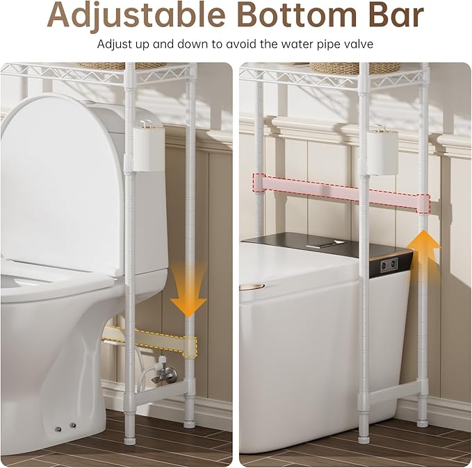 Over The Toilet Shelf,3-Tier Adjustable Freestanding Metal Bathroom Organizer Shelves with Toilet Paper Holder & Hooks,Space-Saving for Narrow Small Bathroom,10”D x 24”W x 66”H,White