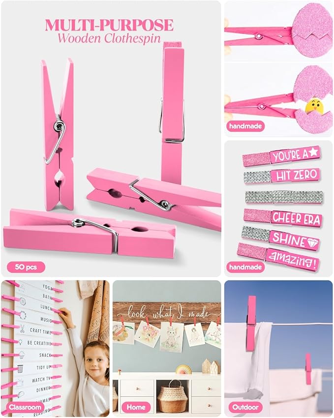 Pink Clothes Pins for Baby Shower 2.9" 50 Pack (Colored Clothespins Cheer Pin for Backpacks Decorations Team Games Decorative Crafts Pegs Photos Pictures Decoration Clip Clothing Hanging Closepins)