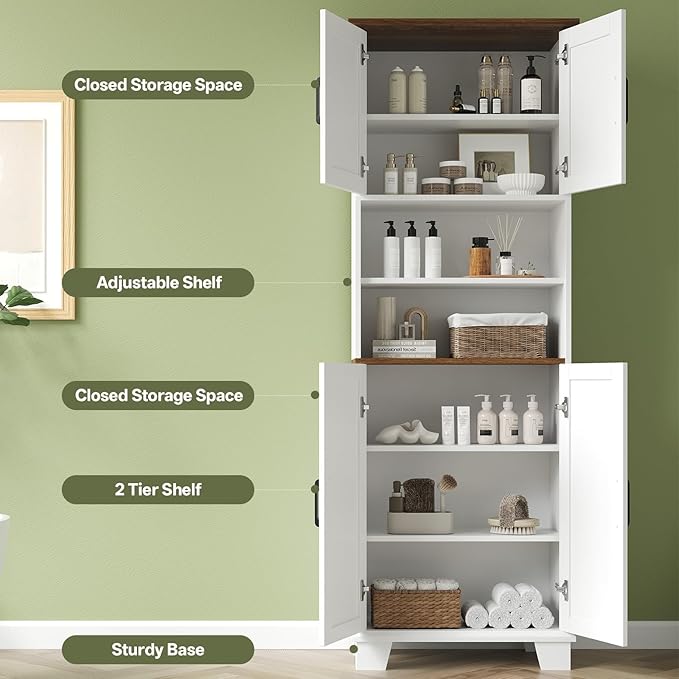 Farmhouse Bathroom Storage Cabinet, 67.9" Tall Freestanding Cabinet with 7 Adjustable Shelves & Barn Doors, Multipurpose Pantry Cupboard for Kitchen, Bathroom, Living Room, Dining Room