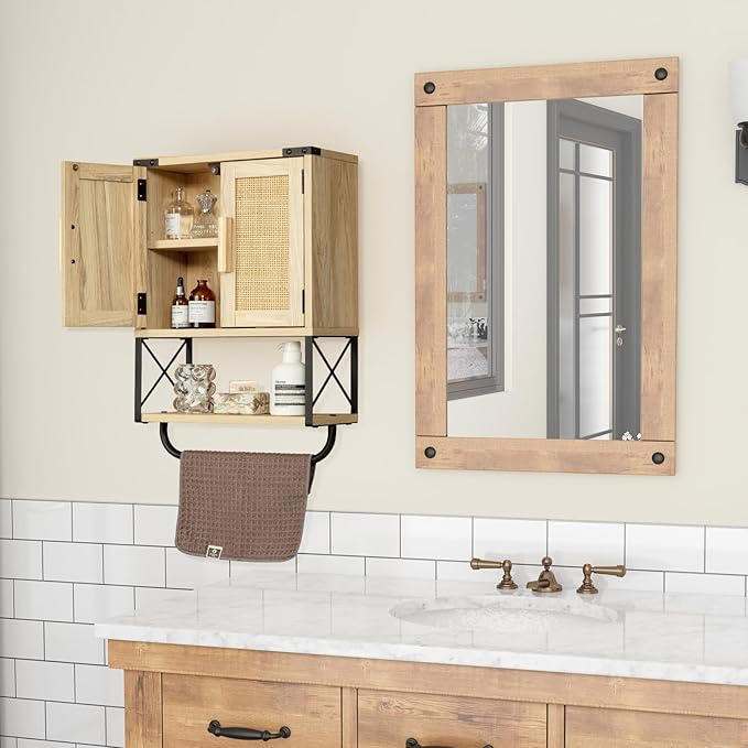 RUSTOWN Farmhouse Rustic Medicine Cabinet with Two Barn Door, Boho Wood Wall Mounted Storage Cabinet with Adjustable Shelf and Towel Bar, 3-Tier Cabinet for Bathroom, Living Room(Rattan)