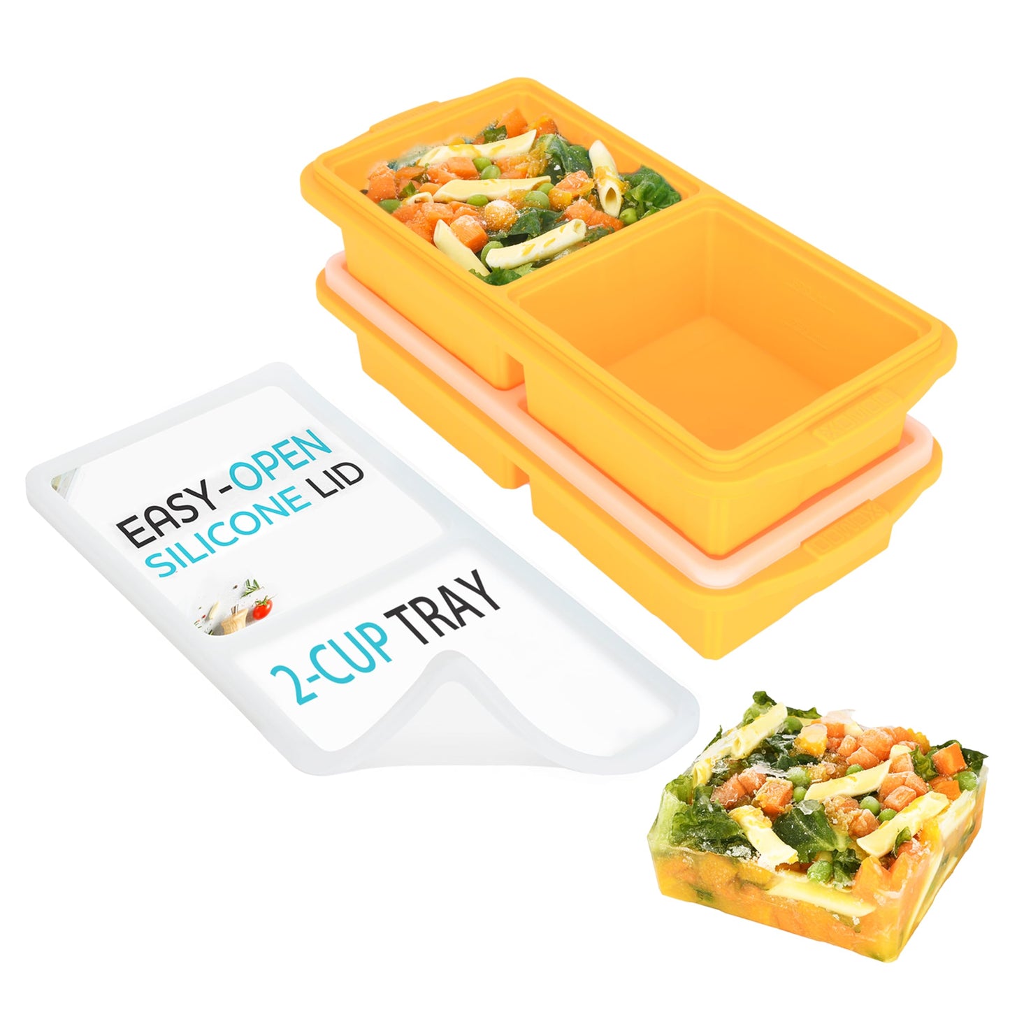 XOMOO Silicone Freezer Tray With Lid - Soup Freezer Container molds - Large Ice Cube Tray- makes 8 perfect 1 cup portions cubes, 2-Pack Freezer Storage Food Soups & Meal Prep - Oven & Dishwasher -Safe