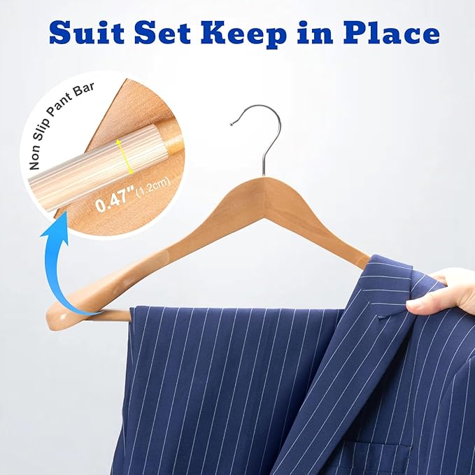 HOUSE DAY Wood Suit Hangers for Men, Smooth Wide Shoulder Wooden Hanger with Non Slip Pant Holder, Wide Hangers for Suits, Coats, Jackets, Heavy Wide Clothes Hanger 2 Pack, Natural