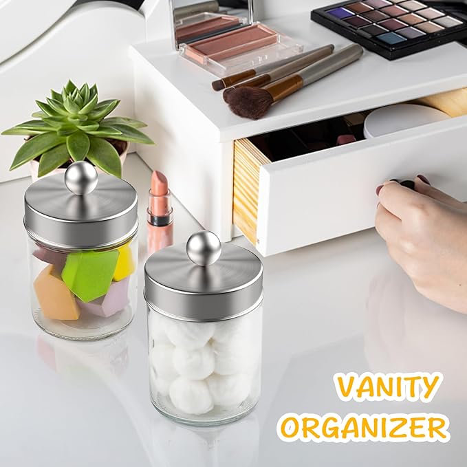 2 Pack Glass Apothecary Jars with Lids for Bathroom, Cute Qtip Holder, Silver Bathroom Accessories Set, Small Bathroom Canisters with Lids for Q-Tips, Cotton Swabs, Silver Bathhouses Decor