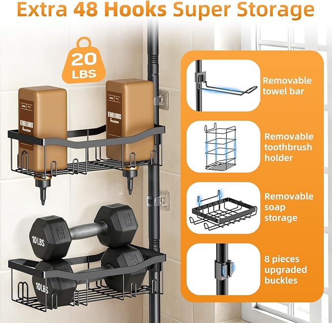 Shower Caddy Corner, 6 Tier Tension Pole Rod Bathroom Organizer Shelves, Adjustable Bathtub Shampoo Stand Rack with Towel Rack 2 Holders for Inside Shower Storage, Floor to Ceiling 47-122 Inch, Black