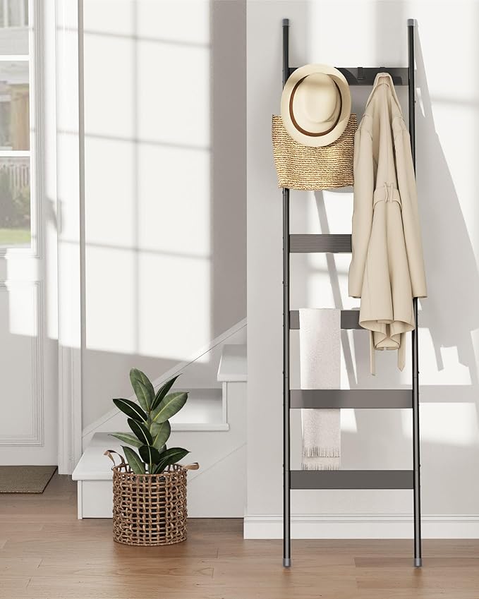 Blanket Ladder, 6-Tier Towel Holder with 4 Removable Hooks, Farmhouse Wall Leaning Decorative Rack Shelf, Wooden Towel Display Rack, Quilt Ladder for Living Room, Bedroom, Black