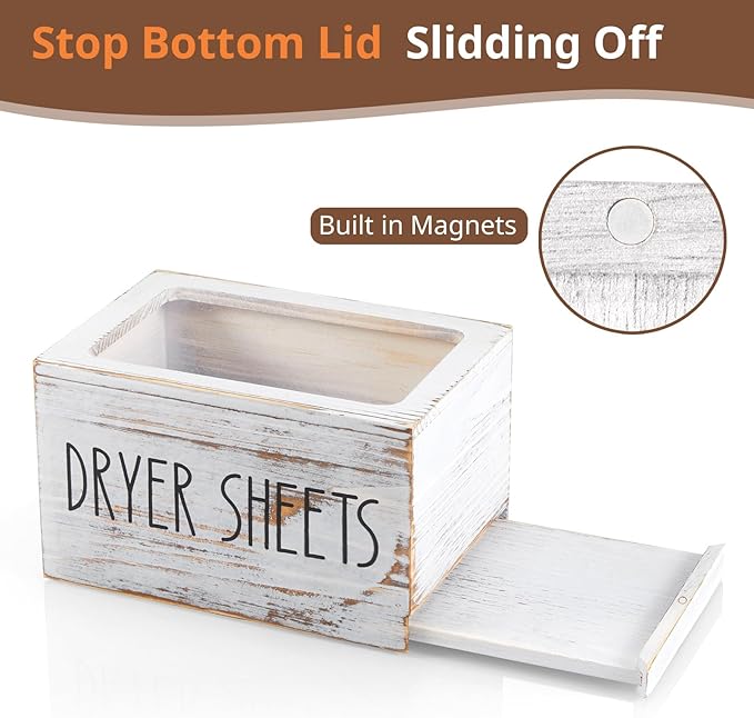 Dryer Sheet Holder, White Washed Wood Laundry Sheets Container, Laundry Room Organization and Storage for Farmhouse Laundry Room Decor and Accessories, Fabric Sheet Dispenser