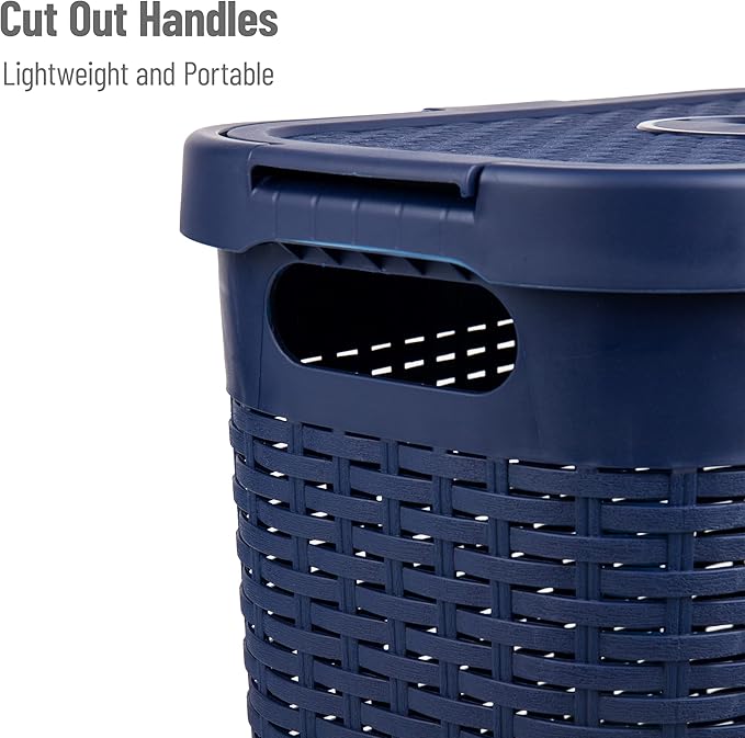 Mind Reader Slim Laundry Hamper with Lid, 40L Clothes Basket, Premium Wicker Design, Plastic, Navy