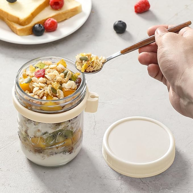 6 Pack Overnight Oats Containers with Lids and Spoons, 16 oz Glass Mason Overnight Oats Jars, Large Capacity Airtight Jars for Milk, Cereal, Fruit(Beige）