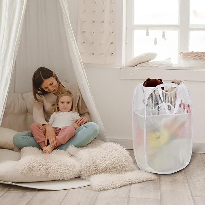 TECHMILLY Pop Up Foldable Laundry Basket, Mesh Laundry Hamper with Reinforced Handles for Dirty Clothes Storage in Dorm, Laundry Room, Bathroom, White(Fabric), 2 Pack