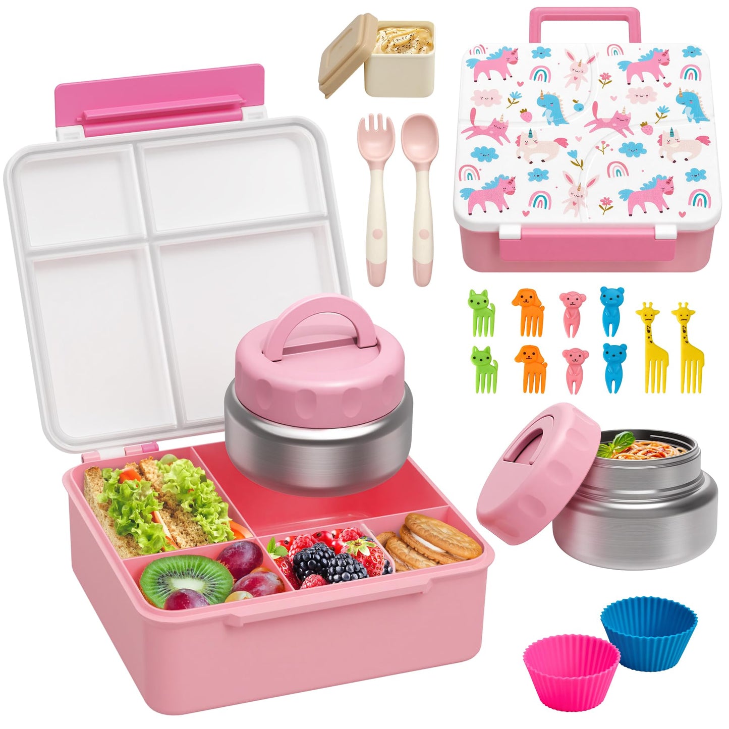 Bento Lunch Box with 9.5 oz Soup Thermo, Kids Leakproof 4 Compartments Bento Box with Silicone Cupcake,Fruit Fork,Spoon and Sauce Cup,Insulated Food Jar for School Travel-Blue