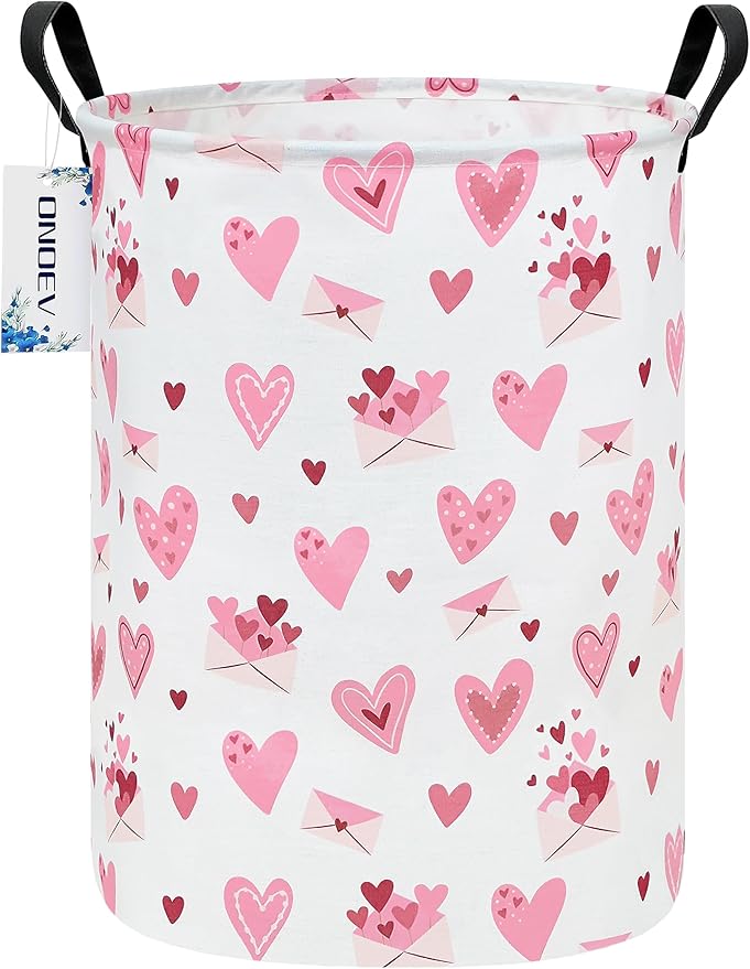 Round waterproof laundry basket,laundry Hampers with handle,gift basket,suitable for children's room and toy storage (Pink Love)