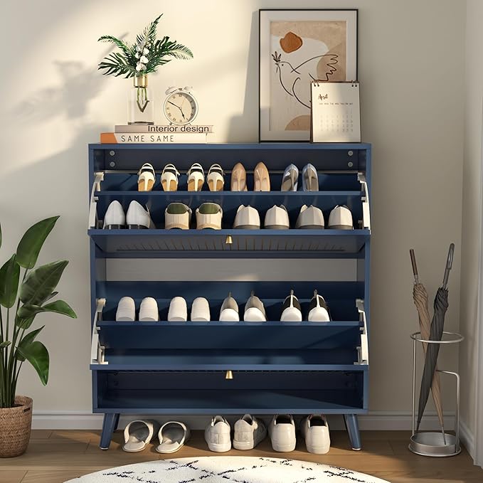 Shoe Storage Cabinet for Entryway with 2 Flip Drawers, Narrow Wood Shoe Cabinet with Fluted Panel, Freestanding Hidden Shoe Organizer for Foyer, Hallway (Blue - with Shelf)