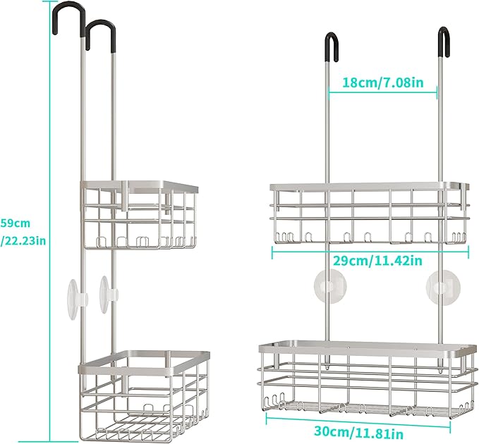 HapiRm Hanging Shower Caddy Organizer - No Drilling Shower Organizer with Hooks, Rustproof & Waterproof 304 Stainless Steel Bathroom Shelves - Silver