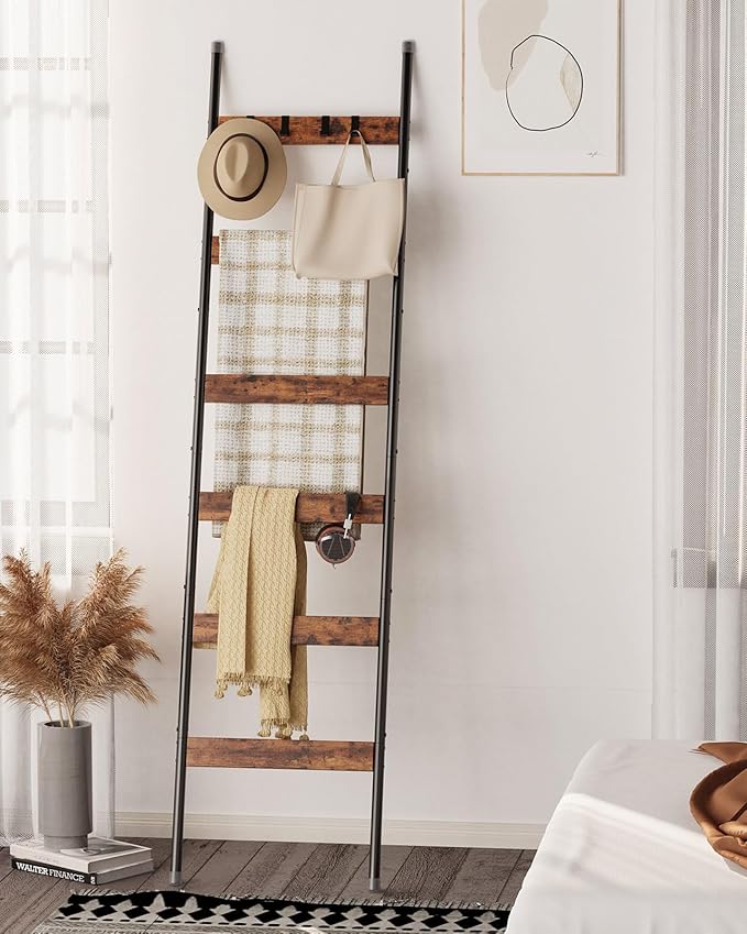 Blanket Ladder, 6-Tier Towel Holder with 4 Removable Hooks, Farmhouse Wall Leaning Decorative Rack Shelf, Wooden Towel Display Rack, Quilt Ladder for Living Room, Bedroom, Rustic Brown