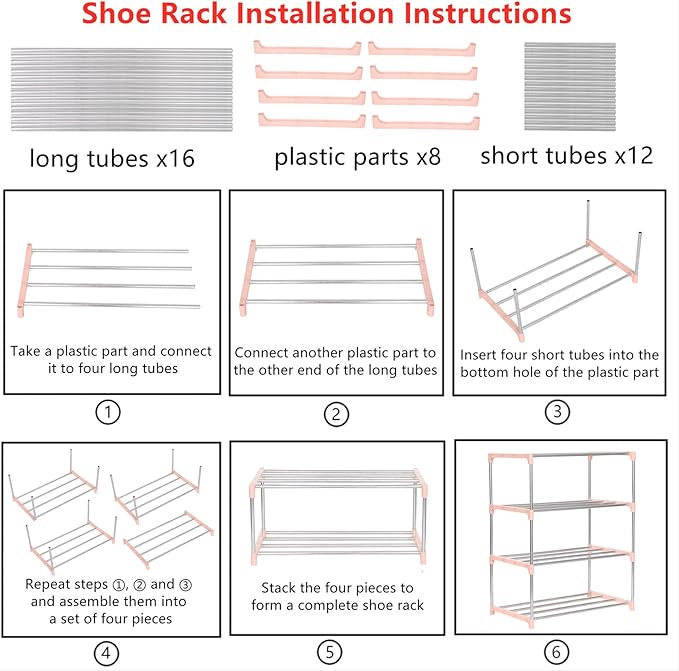 Stackable Small Shoe Rack, Entryway, Hallway and Closet Space Saving Storage and Organization (4-Tier, Pink)