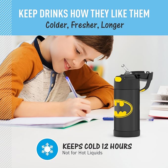 THERMOS FUNTAINER Water Bottle with Straw - 12 Ounce - Kids Stainless Steel Vacuum Insulated Water Bottle with Lid, Batman