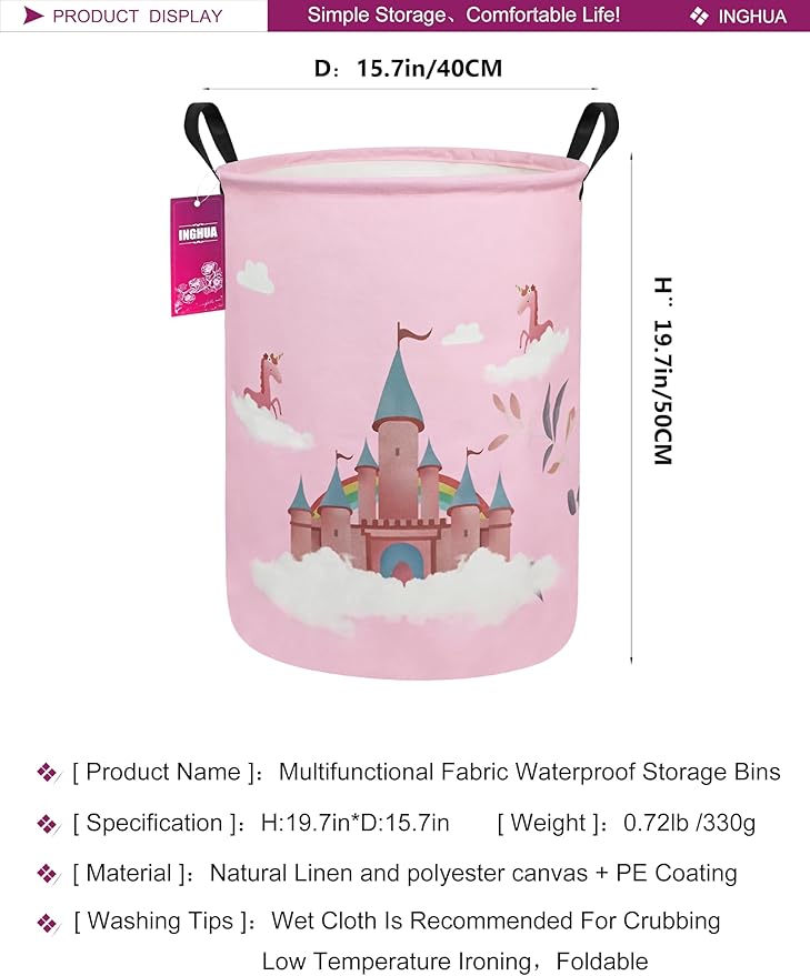 Laundry Hamper Large Canvas Fabric Lightweight Storage Basket/Toy Organizer/Dirty Clothes Collapsible Waterproof for College Dorms, Boys and Girls Bedroom,Bathroom(Unicorn Castle)
