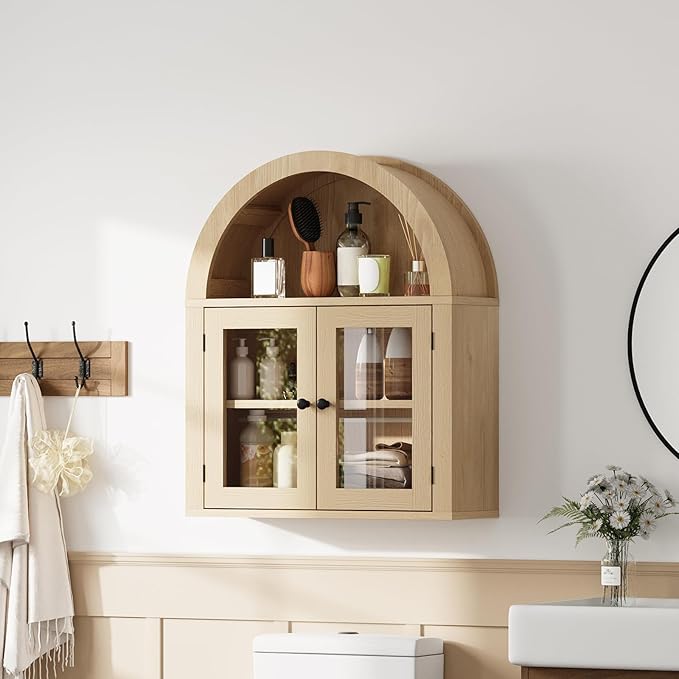 ChooChoo Arched Wall Cabinet with Acrylic Doors, Bathroom Cabinet Wall Mount Over The Toilet with Display Shelf, Wooden Storage Cabinet for Kitchen, Living Room or Entryway, Natural