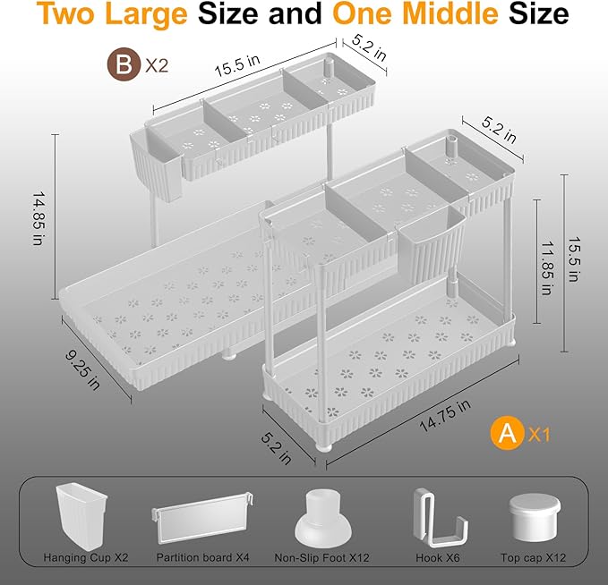3 Pack Multi-Purpose Under Sink Organizers and Storage, 2026 L-Shaped Pull Out Cabinet Organizer for Bathroom & Kitchen, Under Cabinet Organizer with Hooks Hanging Cup, White, 14.85 inch