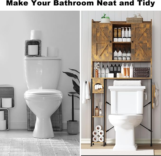 EasyCom Over The Toilet Storage Cabinet with Metal Frame and 7 Storage Shelves, Bathroom Organizer with Adjustable Shelves and Paper Holder, Farmhouse Storage Cabinet for Bathroom,Laundry,Rustic Brown