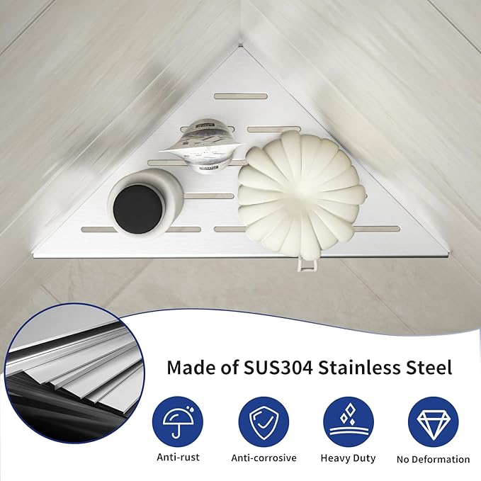Corner Shower Shelf 10" Brushed 304 Stainless Steel Slot Design Recessed Corner Shelf Bathroom Grout in Shelf for Tiled Wall