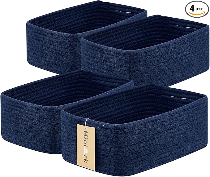 Small Storage Baskets for Organizing | Closet Organizer Bins | Shelf Toy Basket | Woven Rope Baskets | Cube Decorative Box | Shallow Basket | 13x8.5x5.1” | 4 Packs Navy Blue