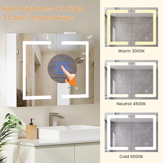 Snughome Bathroom Medicine Cabinet with Mirror & LED Lights, Wall Mount Bathroom Mirror with Storage, Built-in Power Outlets, Dimmable 3 Color Temp, Anti Rust Easy to Install, 31.5" x 23.6"