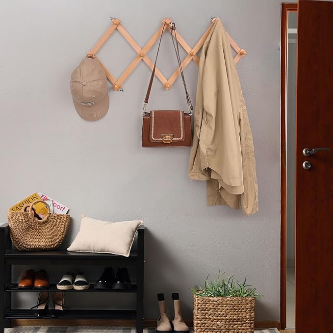 Wall Rack with 10 Hooks, Wooden Wall Expandable Coat Rack for Coat, Hats, Baseball Caps, Coffee Mug, Jewelry(Natural)