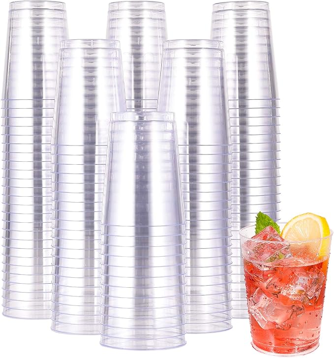 JOLLY CHEF 10 oz Clear Disposable Plastic Cups 100 Pack Clear Plastic Cups Tumblers, Heavy-duty Party Glasses, Disposable Cups for Thanksgiving, Party,Fathers Day