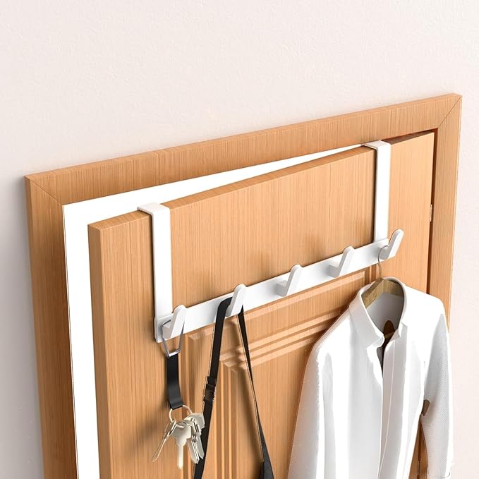 Over The Door Hooks Hanger with Extended Arms, Fits 1 3/8" Doors, L7U - Coat Rack, Bathroom Accessories and Towel Organizer Holder for Coat Robe Hat - 1 Pack, Glossy White