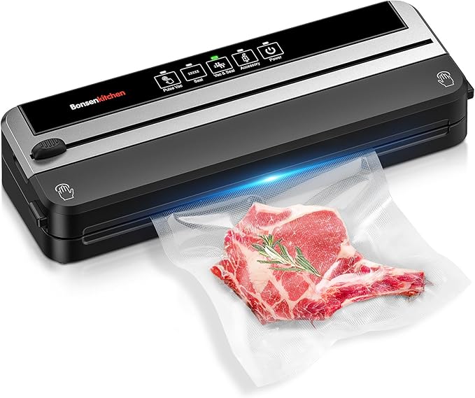 Bonsenkitchen Vacuum Sealer Machine, Built-in Cutter | Multifunctional Food Sealer for Sous Vide & Meal Prep, 5 Pre-Cut Bags, Black