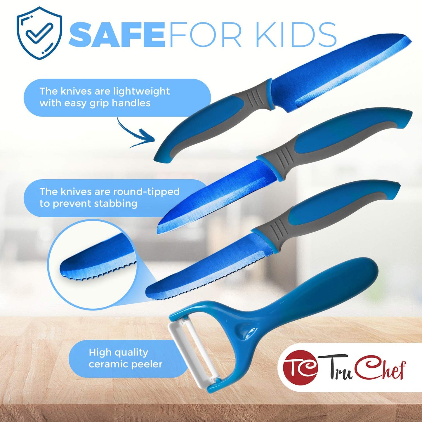 TruChef Kids Knife Set for Real Cooking | Skin Safe Chef Set for Ages 3+ with Rainbow Blades, Cutting Board, Scraper, Recipe Cards | Jr Chef Cooking Gift for Teens & Kids (16 Pcs)