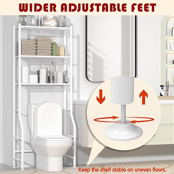 3-Tier Over Toilet Storage Rack, Metal Over Toilet Bathroom Organizer Shelf, Freestanding Space Saver Storage Shelves for Bathroom/Laundry/Living Room (White)