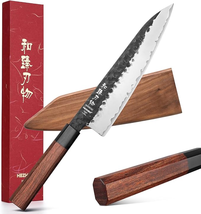 HEZHEN Santoku Knife, 7 Inches, 3 Layers Clad Steel Chef Knife,Professional Japanese Kitchen Knife for Chefs and Home Cooking,Wooden Octagonal Handle