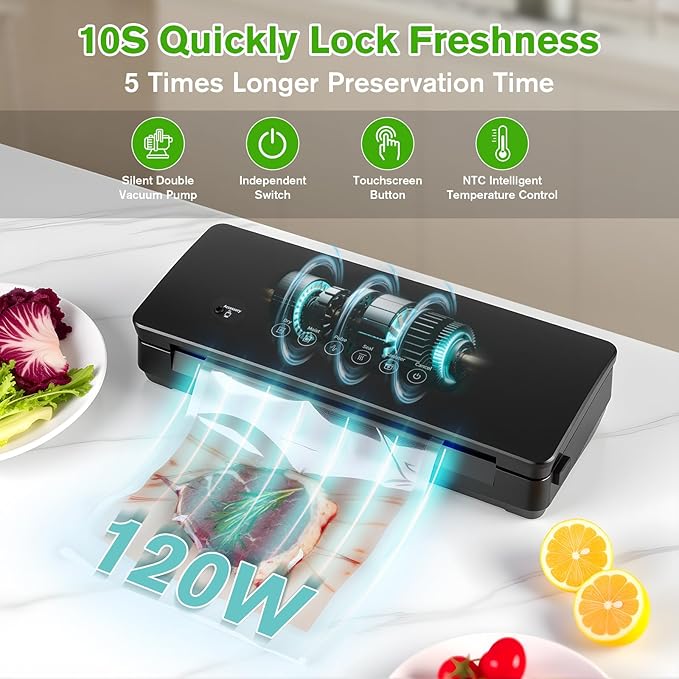 YIERRY 120W Power Vacuum Sealer for Food, Food Sealer Machine with 5 Molds include Dry, Moist, Pulse, Seal, Canister, Accessory, Built in Cutter & Vacuum Bags Storage, with 1 Bag Rolls