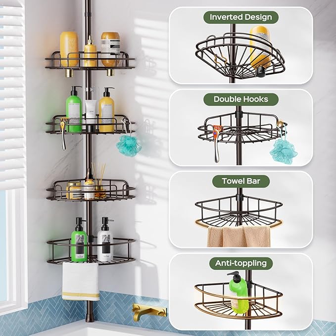 HAMITOR Shower Caddy Tension Pole: 4-Tier Rustproof Bathroom Corner Shelf Organizer for Renters - No Drill Large Shampoo Storage Rack Adjustable 47-121 Inch - Space Saving Bathtub Accessory - Bronze